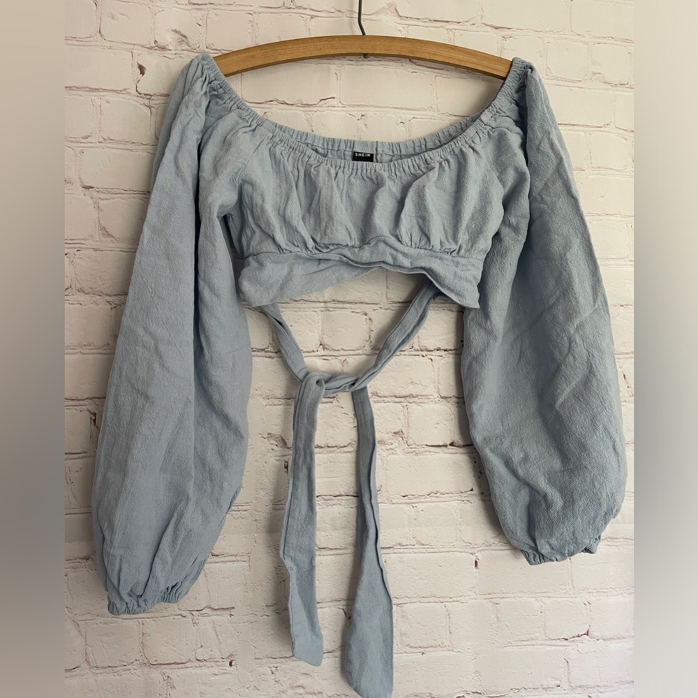 Long Sleeve Tie Soft Blue Cropped Top XS 2